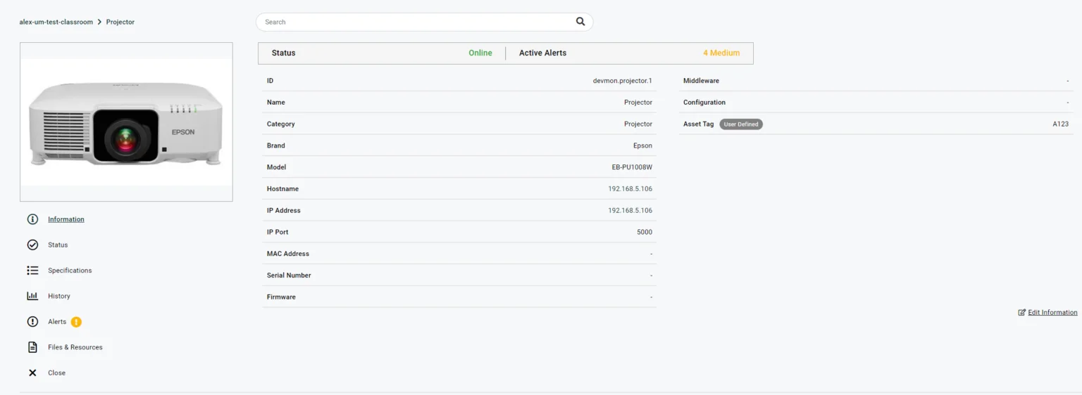 AV Room Asset Information View in Innomesh v3.5.0