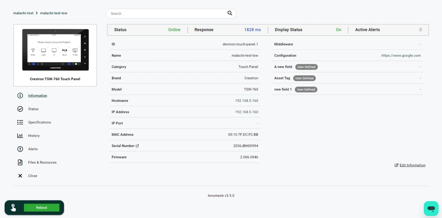 AV Room Asset Actions View in Innomesh v3.5.0